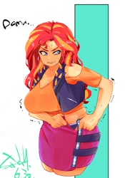 Size: 1400x2000 | Tagged: safe, artist:sozglitch, sunset shimmer, human, g4, breasts, chubby, cleavage, clothes, cross-popping veins, dialogue, emanata, female, implied weight gain, plump, solo, sweat, text, tight clothing