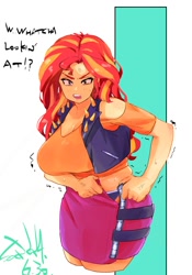 Size: 1400x2000 | Tagged: safe, alternate version, artist:sozglitch, sunset shimmer, human, g4, breasts, chubby, cleavage, clothes, cross-popping veins, dialogue, emanata, female, implied weight gain, looking at you, open mouth, plump, solo, sweat, talking, talking to viewer, text, tight clothing