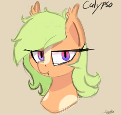 Size: 2100x2000 | Tagged: safe, artist:psychotix, oc, oc only, oc:calypso, bat pony, bat pony oc, blaze (coat marking), coat markings, eye clipping through hair, facial markings, fangs, gradient eyes, green hair, looking at you, tropical