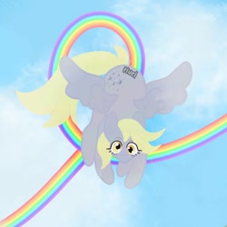 Size: 1000x1000 | Tagged: safe, artist:pluel, derpy hooves, pegasus, pony, g4, blue sky, rainbow, sky, solo