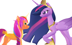 Size: 1920x1200 | Tagged: safe, artist:puzzlshield2, sunny starscout, twilight sparkle, alicorn, earth pony, pony, g4, g5, 3d, 3d render, artificial horn, artificial wings, augmented, concave belly, duo, duo female, female, future twilight, generation leap, height difference, horn, long mane, magic, magic horn, magic wings, mane stripe sunny, mmd, older, older twilight, older twilight sparkle (alicorn), png, princess twilight 2.0, race swap, side view, simple background, slender, sunny and her heroine, sunnycorn, thin, transparent background, twilight sparkle (alicorn), wings