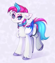 Size: 1334x1530 | Tagged: safe, artist:arisuyukita, zipp storm, pegasus, pony, g5, chest fluff, clothes, collar, colored eyebrows, ear fluff, ear piercing, earring, eyebrows, eyelashes, eyeshadow, female, fishnet clothing, fishnet stockings, folded wings, jewelry, looking at you, makeup, mare, piercing, smiling, smiling at you, solo, stockings, tail, thigh highs, unshorn fetlocks, wings