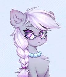 Size: 808x941 | Tagged: safe, artist:arisuyukita, silver spoon, earth pony, pony, g4, braid, braided ponytail, chest fluff, colored eyebrows, ear fluff, eyebrows, female, glasses, jewelry, looking at you, mare, necklace, older, older silver spoon, ponytail, solo