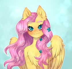 Size: 777x740 | Tagged: safe, artist:arisuyukita, fluttershy, pegasus, pony, g4, :3, blushing, chest fluff, colored eyebrows, cute, ear fluff, eyebrows, female, flower, flower in hair, freckles, front view, human shoulders, looking at you, mare, partially open wings, shyabetes, smiling, smiling at you, solo, sparkles, sparkly eyes, sparkly mane, wingding eyes, wings