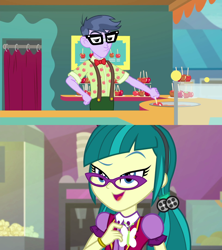 Size: 1920x2160 | Tagged: safe, edit, edited screencap, screencap, juniper montage, micro chips, equestria girls, equestria girls specials, g4, my little pony equestria girls: better together, my little pony equestria girls: mirror magic, my little pony equestria girls: rollercoaster of friendship, apple, bowtie, candy apple, eyebrows, female, food, glasses, male, microjuniper, raised eyebrow, ship:microjuniper, shipping, straight, suspenders