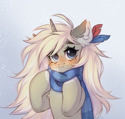 Size: 1648x1566 | Tagged: safe, artist:arisuyukita, oc, oc only, oc:arisu yukita, pony, unicorn, blushing, chest fluff, clothes, ear fluff, eyebrows, feather, feather in hair, female, freckles, horn, looking at you, mare, scarf, smiling, smiling at you, snow, snowfall, solo, striped scarf, unicorn oc, winter