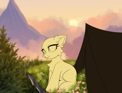 Size: 4500x3456 | Tagged: safe, artist:stesha, pony, camping, commission, mountain, nature, sitting, sketch, solo, sun, tent, ych sketch, your character here