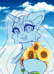 Size: 3500x4773 | Tagged: safe, artist:stesha, pony, unicorn, commission, flower, horn, sketch, sky, solo, sunflower, ych sketch, your character here