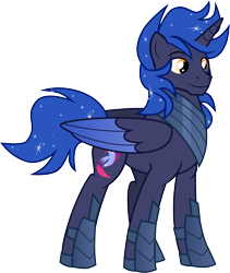 Size: 8380x9945 | Tagged: safe, artist:shootingstarsentry, oc, oc only, oc:artemis, alicorn, pony, absurd resolution, armor, colored wings, folded wings, golden eyes, gradient wings, hoof shoes, male, male alicorn, male alicorn oc, peytral, simple background, smiling, solo, sparkly mane, sparkly tail, stallion, standing, tail, transparent background, vector, wings, yellow eyes