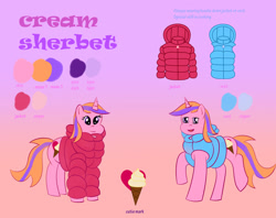 Size: 1592x1259 | Tagged: safe, artist:redfire-pony, oc, oc only, oc:cream sherbet, pony, unicorn, clothes, female, gradient background, horn, jacket, mare, reference sheet, solo, vest, winter outfit