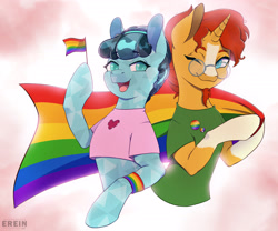 Size: 2408x2000 | Tagged: safe, artist:erein, crystal hoof, sunburst, thorax, changeling, crystal pony, pony, unicorn, g4, clothes, disguise, disguised changeling, duo, duo male, ears up, flag, gay, gay pride flag, glasses, high res, horn, lgbt, looking at each other, looking at someone, male, pride, pride flag, pride month, shipping, shirt, smiling, stallion, sunburst's glasses, t-shirt, thoraxburst, wristband