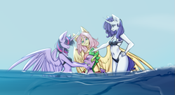Size: 821x446 | Tagged: safe, artist:kutoshi, fluttershy, rarity, spike, twilight sparkle, alicorn, dragon, pegasus, unicorn, anthro, g4, age difference, belly button, bikini, breasts, clothes, ear fluff, feather, female, harem, horn, lucky bastard, male, ocean, older, older spike, ship:flutterspike, ship:sparity, ship:twispike, shipping, spike gets all the mares, spikelove, spread wings, straight, swimming, swimsuit, teenage spike, teenaged dragon, teenager, twilight sparkle (alicorn), water, wings