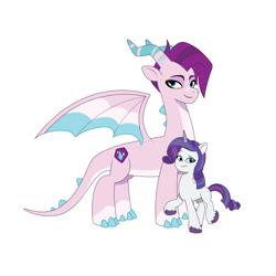 Size: 4096x4096 | Tagged: safe, artist:prixy05, jade (g5), rarity, dragon, pony, unicorn, g4, g5, my little pony: tell your tale, spoiler:g5, absurd resolution, countershading, dragoness, duo, duo female, female, g4 to g5, generation leap, horn, mare, simple background, white background