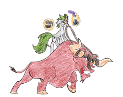 Size: 1792x1412 | Tagged: safe, artist:fleximusprime, texas (tfh), oc, bull, pony, unicorn, them's fightin' herds, atg 2024, coffee, community related, curved horn, horn, male, newbie artist training grounds, poison, simple background, traditional art, white background