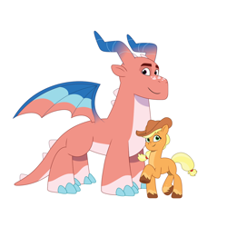 Size: 4096x4096 | Tagged: safe, artist:prixy05, applejack, tumble (g5), dragon, earth pony, pony, g4, g5, my little pony: tell your tale, spoiler:g5, absurd resolution, countershading, duo, duo male and female, female, g4 to g5, generation leap, male, mare, simple background, white background