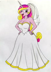 Size: 2456x3500 | Tagged: safe, artist:killerteddybear94, princess cadance, alicorn, anthro, g4, big breasts, breasts, bride, busty princess cadance, clothes, dress, female, hand on hip, looking at you, mare, smiling, solo, traditional art, veil, wedding dress, wedding veil