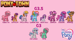 Size: 771x425 | Tagged: safe, artist:starrscout-23, cheerilee (g3), minty, pinkie pie (g3), rainbow dash (g3), scootaloo (g3), star catcher, starsong, sweetie belle (g3), toola-roola, whimsey weatherbe, dragon, earth pony, pegasus, pony, unicorn, pony town, g3, g3.5, twinkle wish adventure, core seven, female, filly, foal, horn, light pink background, mare, my little pony logo, names, pigtails, pink background, simple background, text