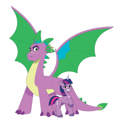 Size: 4096x4096 | Tagged: safe, artist:prixy05, spike, twilight sparkle, dragon, pony, unicorn, g4, g5, my little pony: tell your tale, absurd resolution, adult spike, countershading, dragon lord spike, duo, duo male and female, female, g4 to g5, generation leap, horn, male, mare, older, older spike, quadrupedal spike, simple background, spike (g5), unicorn twilight, white background, winged spike