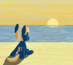 Size: 896x800 | Tagged: safe, artist:nitobit, oc, oc only, oc:moonlight wane, bat pony, beach, digital art, male, pixel art, sand, shadow, solo, stallion, sun, sunset, water