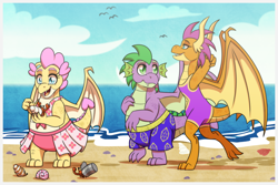 Size: 1772x1181 | Tagged: safe, artist:inuhoshi-to-darkpen, smolder, spike, oc, oc:buttercream the dragon, bird, dragon, seagull, flurry heart's story, g4, adult, adult spike, beach, can, clothes, commission, dragoness, fat, fat spike, female, gift art, heart shaped, hermit crab, male, ocean, older, older smolder, older spike, sand, sky, swimming trunks, swimsuit, trio, two-piece swimsuit, water, winged spike, wings