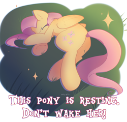 Size: 2400x2300 | Tagged: safe, artist:miryelis, fluttershy, pegasus, pony, g4, butt, cute, female, flutterbutt, full body, high res, long hair, lying down, mare, on side, plot, shyabetes, signature, sleeping, solo, sparkles, text, underhoof