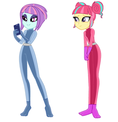 Size: 2014x2082 | Tagged: safe, artist:skyfallfrost, sour sweet, sunny flare, human, equestria girls, g4, base used, bodysuit, catsuit, cellphone, clothes, duo, duo female, eyeshadow, female, latex, latex suit, makeup, phone, simple background, totally spies, white background