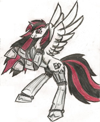 Size: 900x1099 | Tagged: safe, artist:zubias, oc, oc only, oc:blackjack, alicorn, cyborg, cyborg pony, pony, fallout equestria, fallout equestria: project horizons, alicornified, amputee, colored pencil drawing, cybernetic legs, fanfic art, female, horn, mare, prosthetic eye, prosthetics, race swap, red eyes, simple background, small horn, solo, spread wings, traditional art, white background, wings