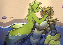 Size: 4092x2893 | Tagged: safe, artist:natt333, oc, dragon, human, seapony (g4), anthro, armor, beach, digital art, dorsal fin, fin, fins, fish tail, floppy ears, flowing mane, flowing tail, horns, humanized, looking at each other, looking at someone, ocean, partially submerged, sand, scales, seashell, signature, smiling, smiling at each other, swimming, tail, water, wet