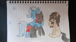 Size: 1600x900 | Tagged: safe, edit, trixie, oc, oc:floor bored, oc:zippers, earth pony, pony, unicorn, g4, 28, bald, cute, earth pony oc, eyes closed, eyes open, female, horn, hug, lined paper, mare, paper, traditional art, trio