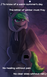 Size: 1816x3000 | Tagged: safe, alternate version, artist:anku, oc, oc only, oc:bytewave, pegasus, pony, clothes, commission, earbuds, eye clipping through hair, eyebrows, eyebrows visible through hair, hoodie, male, night, partially open wings, railroad, sitting, solo, song reference, stallion, window, wings, ych result