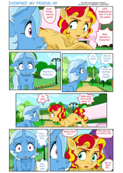 Size: 828x1163 | Tagged: safe, artist:jeremy3, sunset shimmer, trixie, pony, unicorn, comic:everfree my friend, g4, bench, canterlot, digital art, fanart, horn, park, park bench