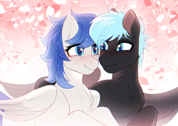 Size: 3508x2480 | Tagged: safe, artist:fenwaru, oc, oc only, oc:midnight lancer, oc:starlit beacon, pegasus, blushing, duo, female, folded wings, freckles, hug, leaves, looking at each other, looking at someone, love, male, mare, pegasus oc, smiling, stallion, straight, wings