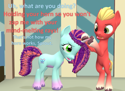 Size: 1494x1080 | Tagged: safe, artist:red4567, misty brightdawn, sprout cloverleaf, earth pony, pony, unicorn, g4, g5, 3d, atg 2024, blaze (coat marking), coat markings, colored hooves, duo, duo male and female, facial markings, fake cutie mark, female, g5 to g4, generation leap, hooves, horn, horn grab, male, mare, newbie artist training grounds, open mouth, pale belly, rebirth misty, socks (coat markings), source filmmaker, stallion, underhoof, unshorn fetlocks, wrong cutie mark