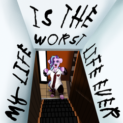 Size: 3000x3000 | Tagged: safe, artist:batavern, starlight glimmer, g4, armband, bipedal, broken hearts, clothes, emo, female, kyle gordon, my life (is the worst life ever), necktie, open mouth, shirt, solo, stairs, text