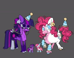 Size: 2048x1614 | Tagged: safe, artist:koidial, part of a set, pinkie pie, twilight sparkle, alicorn, earth pony, pony, pony town, g4, alternate accessories, alternate design, alternate eye color, alternate hairstyle, alternate tailstyle, big eyes, blue eyes, blue hooves, blue sclera, blue wingtips, blush scribble, blushing, bow, chest fluff, chubby, clothes, coat markings, colored, colored ears, colored hooves, colored sclera, colored wings, colored wingtips, curly mane, curly tail, duo, duo female, facial markings, female, fetlock tuft, flat colors, folded wings, glasses, glasses chain, gray background, hair accessory, hair bun, hairclip, hat, hooves, implied pinkie pie, leg warmers, long mane, long socks, long tail, looking up, mane accessory, mane clip, mare, mealy mouth (coat marking), mismatched hooves, mismatched socks, multicolored hooves, multicolored mane, multicolored tail, no pupils, party hat, physique difference, pink mane, pink tail, purple coat, raised hoof, redesign, reference used, ruffles, signature, simple background, smiling, socks, socks (coat markings), splotches, sprinkles in mane, sprinkles in tail, standing, straight mane, straight tail, striped leg warmers, tail, tail accessory, tail bow, thin legs, three toned mane, three toned tail, tied mane, tied tail, tri-color mane, tri-color tail, tri-colored mane, tri-colored tail, tricolor mane, tricolor tail, tricolored mane, tricolored tail, twilight sparkle (alicorn), two toned coat, two toned wings, wall of tags, wings