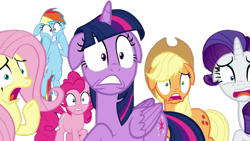 Size: 1280x720 | Tagged: safe, edit, edited screencap, editor:dracoawesomeness, screencap, applejack, fluttershy, pinkie pie, rainbow dash, rarity, twilight sparkle, alicorn, earth pony, pegasus, unicorn, g4, the beginning of the end, background removed, cowboy hat, eyelashes, eyeshadow, female, floppy ears, freckles, frown, gasp, hat, hoof on cheek, hooves, horn, long mane, makeup, mane six, mare, open frown, open mouth, ponytail, shocked, shrunken pupils, simple background, tail, teeth, transparent background, twilight sparkle (alicorn), wide eyes, wings
