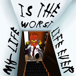 Size: 3000x3000 | Tagged: safe, artist:batavern, oc, oc only, oc:grazdech, armband, bipedal, broken hearts, clothes, emo, kyle gordon, my life (is the worst life ever), necktie, open mouth, shirt, solo, stairs, text