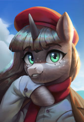 Size: 2500x3657 | Tagged: safe, artist:mrscroup, oc, oc only, oc:obsidian limelight, crystal pony, unicorn, beret, bust, french, green eyes, hat, hoof under chin, horn, looking at you, portrait, smiling, solo, vacation