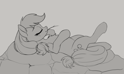 Size: 2000x1200 | Tagged: safe, artist:zetamad, applejack, earth pony, pony, g4, atg 2024, chest fluff, crossed legs, female, lying down, mare, monochrome, newbie artist training grounds, on back, solo, straw in mouth