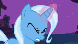 Size: 1920x1080 | Tagged: safe, screencap, trixie, pony, unicorn, boast busters, g4, season 1, eyes closed, female, glowing, glowing horn, gritted teeth, horn, magic, magic aura, mare, outdoors, ponyville, solo, tail, teeth