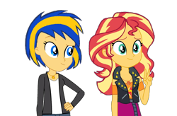 Size: 1316x864 | Tagged: safe, artist:mlpfan3991, sunset shimmer, oc, oc:flare spark, human, equestria girls, g4, clothes, couple, date, duo, duo female, female, lesbian, ship:flareset, simple background, teenager, transparent background