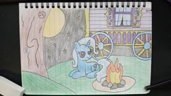 Size: 2040x1148 | Tagged: safe, artist:anonymous, trixie, unicorn, g4, /bale/, beginner artist, campfire, colored, comfy, female, horn, lined paper, lying down, lying on the ground, mare, missing accessory, moon, newbie artist training grounds, no clothes, on ground, outdoors, solo, stars, traditional art, trixie's wagon, wagon