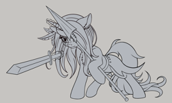 Size: 2000x1200 | Tagged: safe, artist:zetamad, oc, oc only, pony, unicorn, atg 2024, feather, gray background, horn, lineart, newbie artist training grounds, simple background, solo, spear, sword, weapon