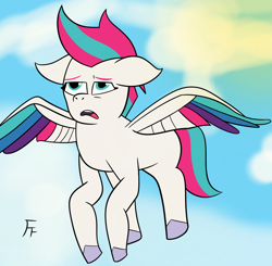 Size: 2684x2631 | Tagged: safe, artist:frownfactory, zipp storm, pegasus, pony, g5, atg 2024, cloud, colored hooves, colored wings, female, floppy ears, flying, hooves, mare, multicolored wings, newbie artist training grounds, no neck, open mouth, sky, solo, spread wings, tired, wings