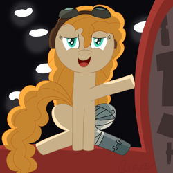 Size: 1000x1000 | Tagged: safe, artist:sleeplesseevee, pear butter, earth pony, pony, g4, amputee, aviator goggles, ducktales, ducktales 2017, five legs, goggles, light, long hair, long mane, long tail, prosthetic leg, prosthetic limb, prosthetics, shading, sitting, solo, tail