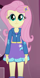 Size: 490x936 | Tagged: safe, artist:qbert2kcat, fluttershy, equestria girls, g4, boots, clothes, clothes swap, hoodie, looking at you, shirt, shoes, skinny, skirt, smiling, smiling at you, solo, thin