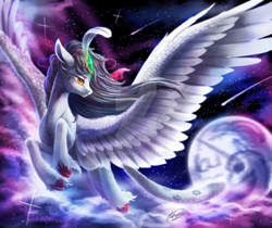 Size: 1024x860 | Tagged: safe, artist:icerrhythm, oc, oc only, classical unicorn, pegasus, unicorn, cloud, cloven hooves, commission, deviantart watermark, feathered wings, flying, forehead gem, horn, leonine tail, mare in the moon, moon, obtrusive watermark, shooting star, signature, solo, stars, unshorn fetlocks, watermark, wings