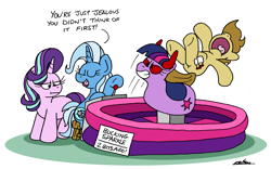 Size: 2748x1712 | Tagged: safe, artist:bobthedalek, starlight glimmer, trixie, twilight sparkle, oc, oc:tidmouth milk, earth pony, pony, unicorn, g4, :i, atg 2024, bucking bronco, devil horns, female, horn, horns, i mean i see, inconvenient trixie, male, mare, mechanical bull, newbie artist training grounds, open mouth, ride, stallion, volumetric mouth