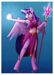 Size: 1588x2200 | Tagged: safe, artist:sirzi, twilight sparkle, alicorn, anthro, unguligrade anthro, g4, element of magic, female, magic, midriff, open mouth, solo, staff, twilight sparkle (alicorn)