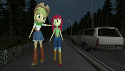 Size: 2048x1152 | Tagged: safe, artist:gaelgaming1, apple bloom, applejack, human, equestria girls, g4, 3d, applejack's hat, arm around back, arm around neck, arms, belt, boots, bow, bust, button-up shirt, car, child, clothes, cowboy hat, denim, denim skirt, duo, duo female, eyelashes, female, fence, freckles, hair bow, hand, happy, hat, jeans, lamppost, legs, long hair, miniskirt, night, outdoors, pants, ponytail, preteen, puffy sleeves, road, shirt, shoes, short sleeves, sidewalk, skirt, smiling, source filmmaker, street, teenager, teeth, tree, walking